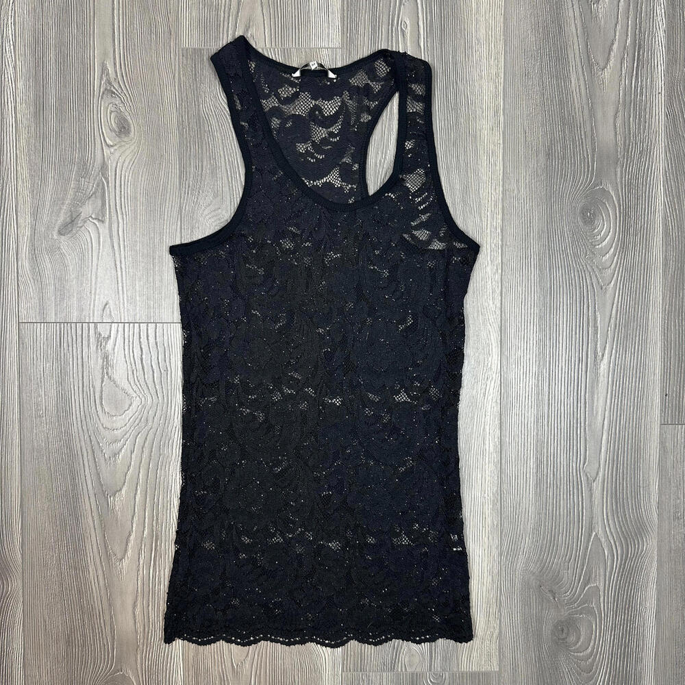 BKE Black Lace Long Glitter Tank Top